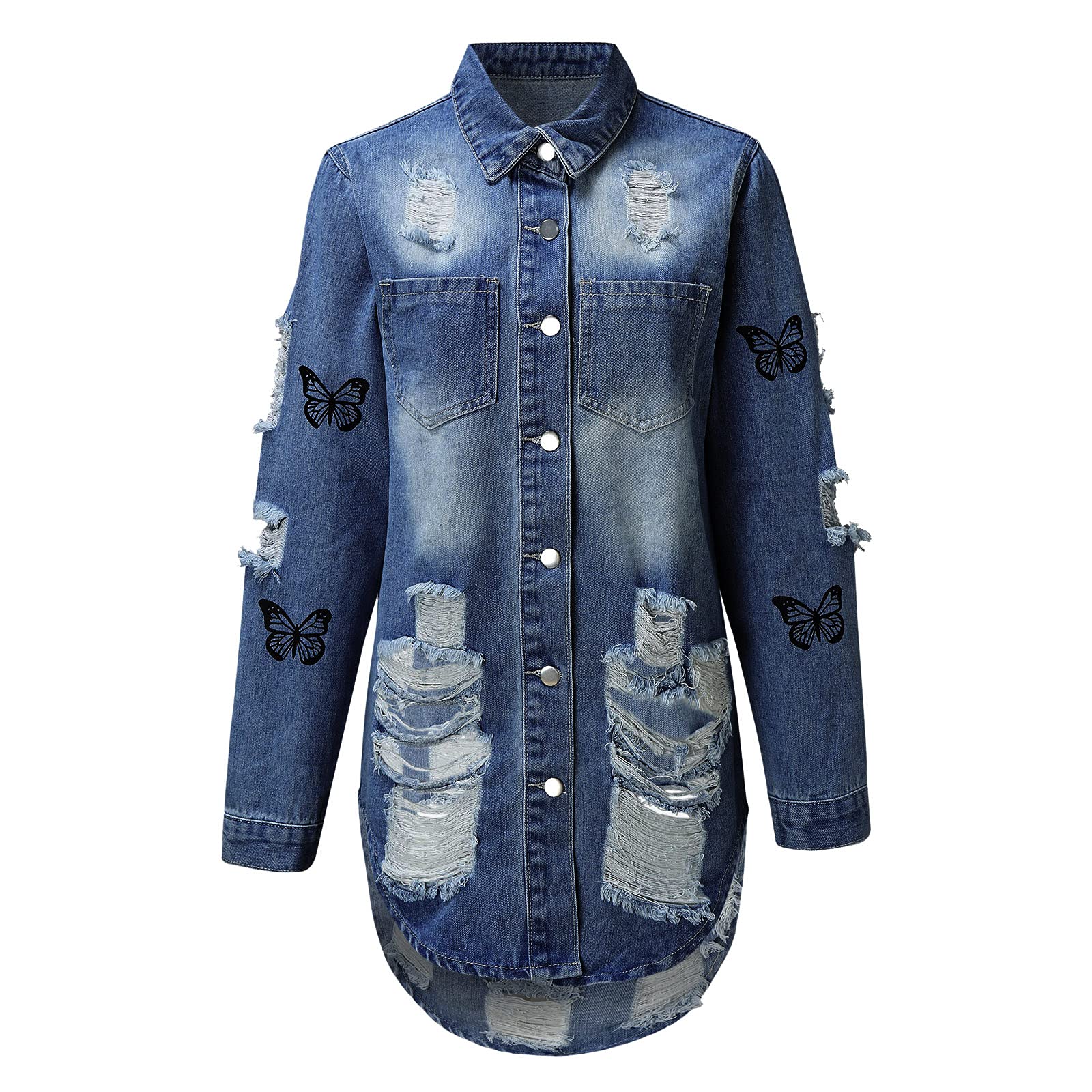 Women's Distressed Ripped Denim Jacket Dress - Long Casual Jean Coat with O Neck for Winter, Polyester Blend, Dark Wash | Perfect for Outdoor Activities, Streetwear Fashion & Layering in Cold Weather