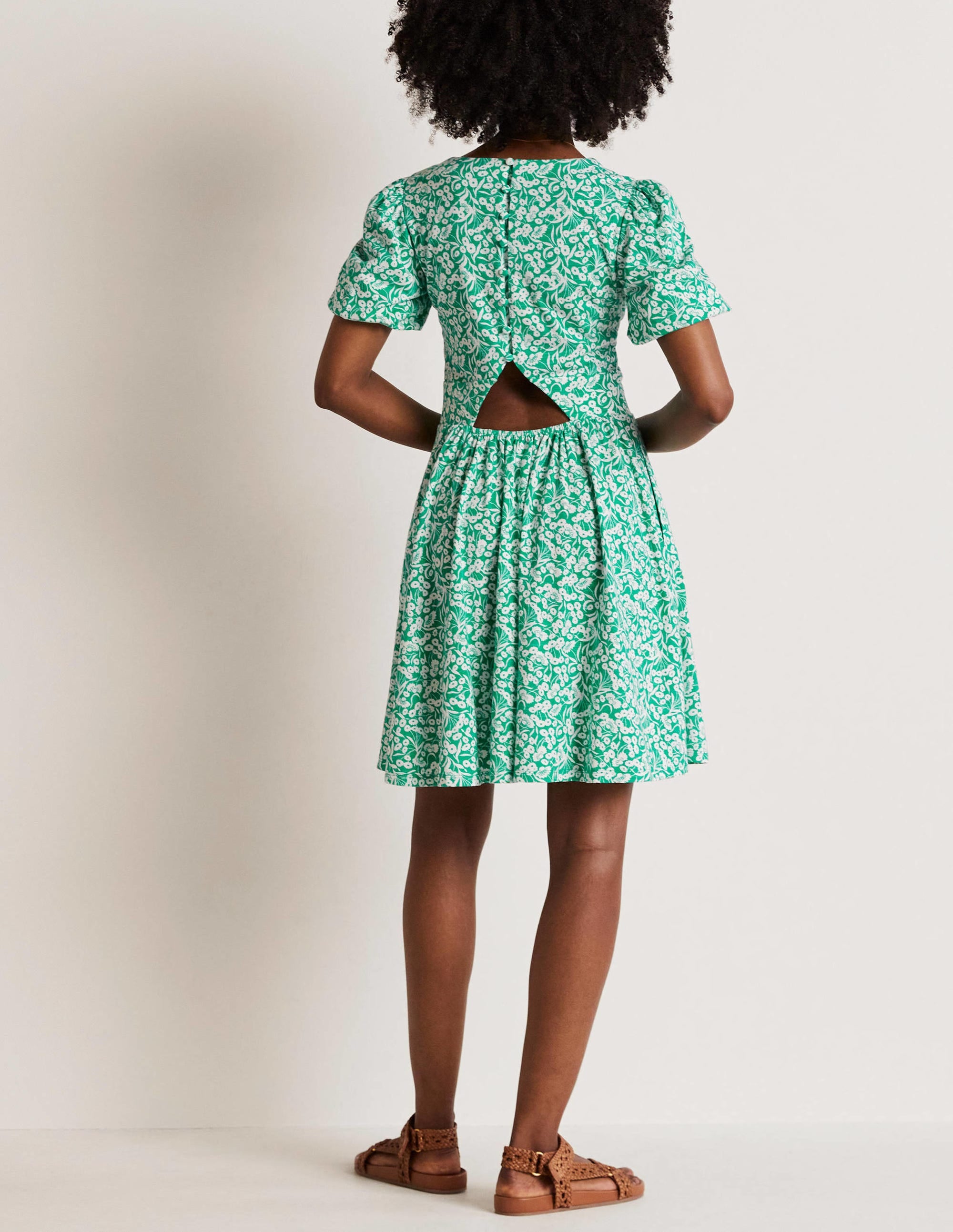 Emerald Green Back Detail Jersey Mini Dress with Floral Bud Design - Perfect for Parties, Dates & Night Out