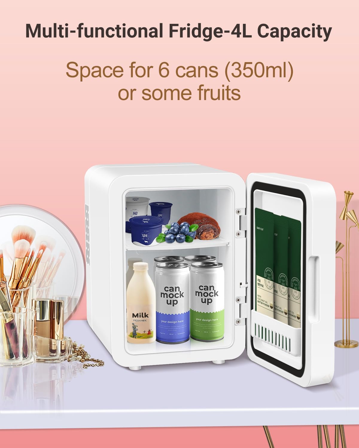 Portable 4L Mini Fridge for Skincare & Cosmetics - Thermoelectric Cooling & Warming Beauty Refrigerator with Mirrored Door, Dimmable LED Light - Perfect for Bedroom, Office, Dorm (White)