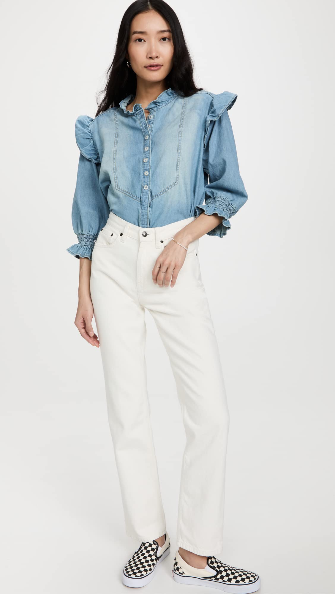 Free People Women's Louise Denim Top - Indigo Blue Chambray Shirt for Casual Wear, Size M | Perfect for Everyday Outfits & Boho Style
