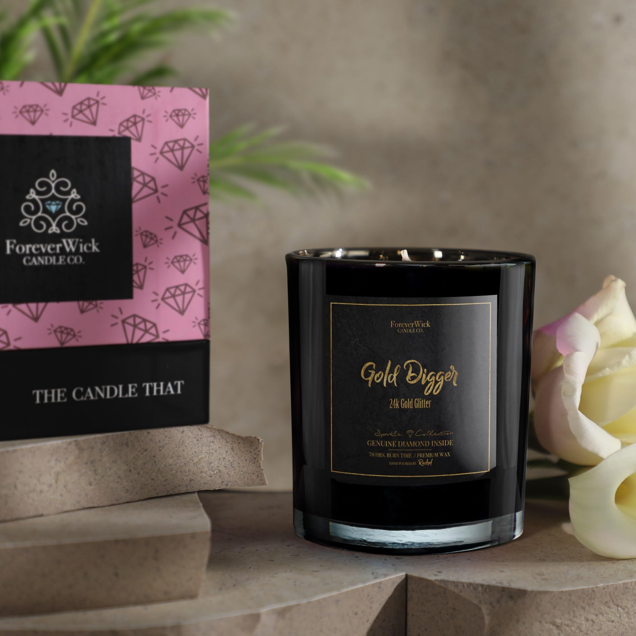 Gold Digger Sparkle Sandalwood & Amber Scented Soy Candle with Hidden Diamond Inside | 14oz All-Natural Organic Soy Wax Candle | 70-Hour Burn Time | Aromatherapy Gift for Women, Birthday, Anniversary | Perfect for Home Decor, Relaxation & Romantic Ambiance