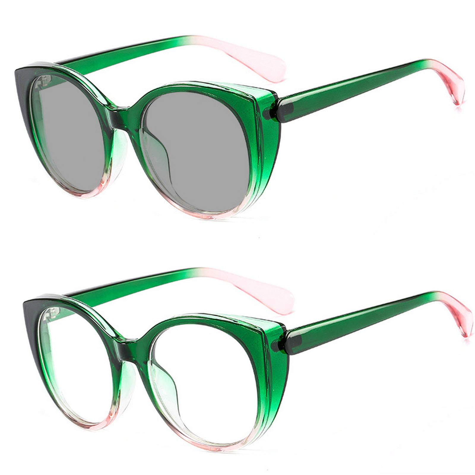Vintage Photochromic Reading Glasses for Women - Green & Pink Transition Sunglasses for Outdoor Reading