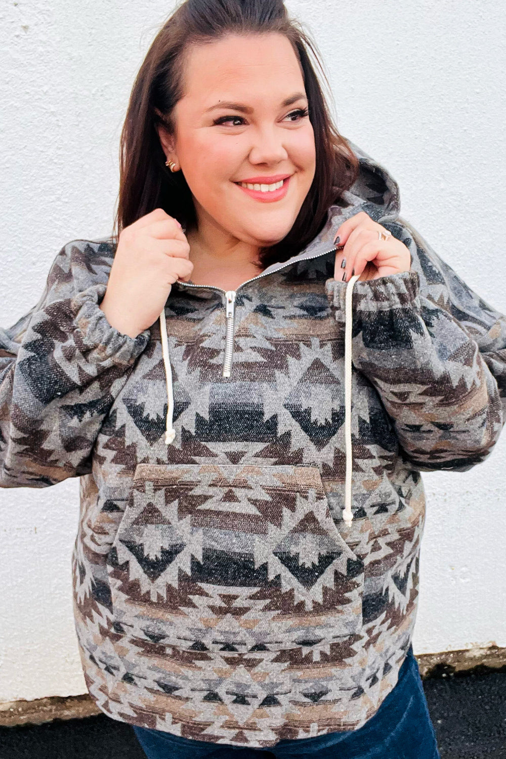 Grey Aztec Half Zip High Neck Hoodie for Men & Women | Warm Winter Pullover Sweatshirt | Outdoor Hiking & Casual Streetwear