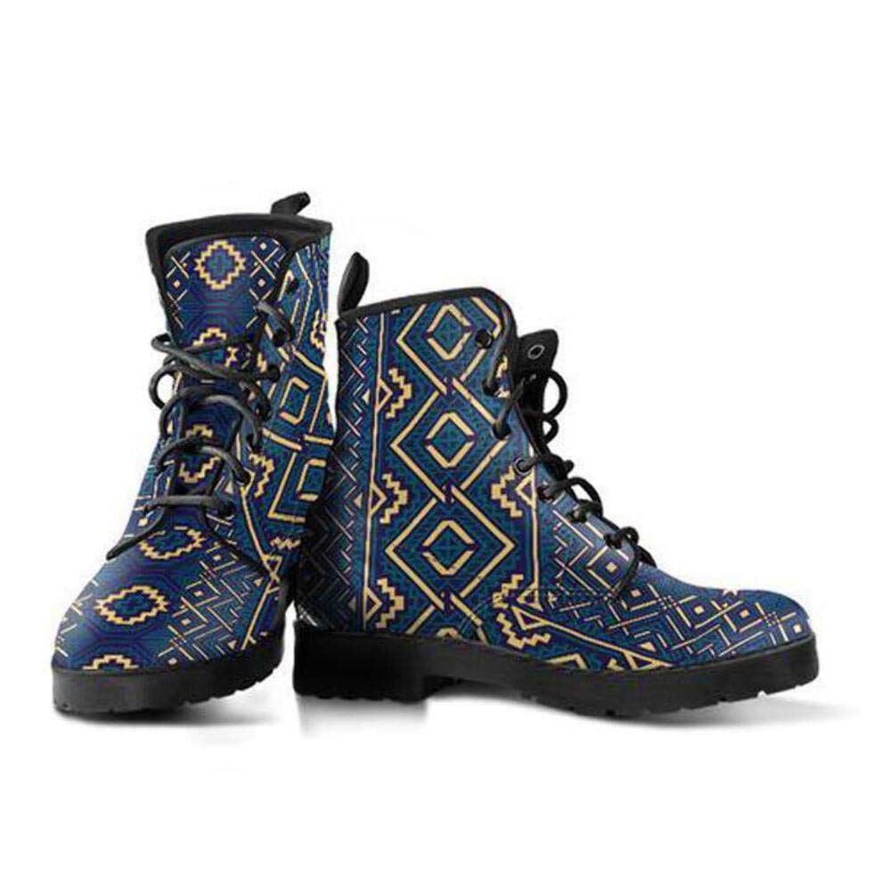 Blue Aztec Pattern Memory Foam Boots - All Season Lace Up Vegan Leather Combat Boots for Women | Comfortable Walking Shoes for Work, Travel & Outdoor Adventures