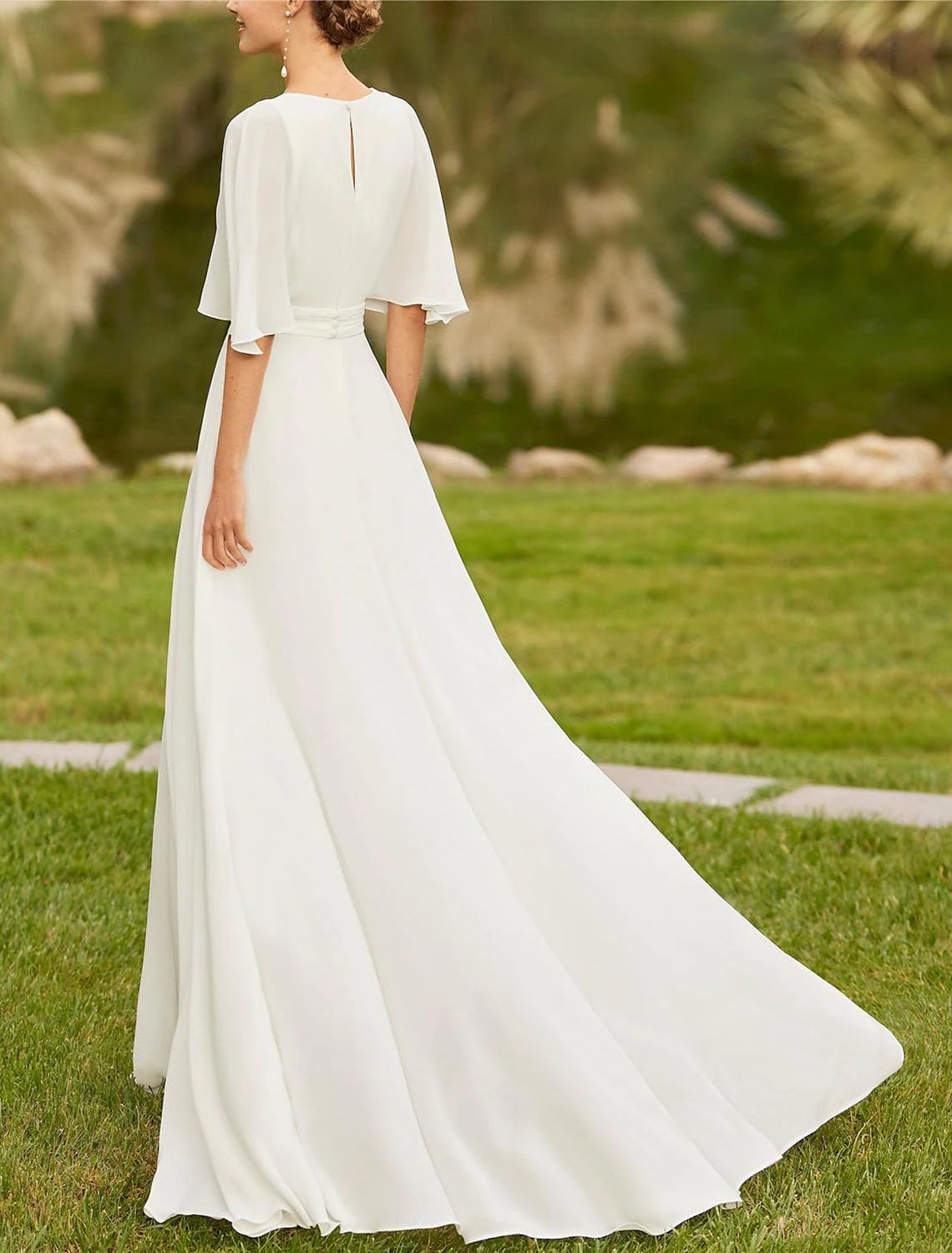 Lyhias Elegant Two-Piece Jumpsuit Wedding Dress | V-Neck Court Train Bridal Gown with Half Sleeves | Perfect for 2024 Weddings, Receptions & Formal Events