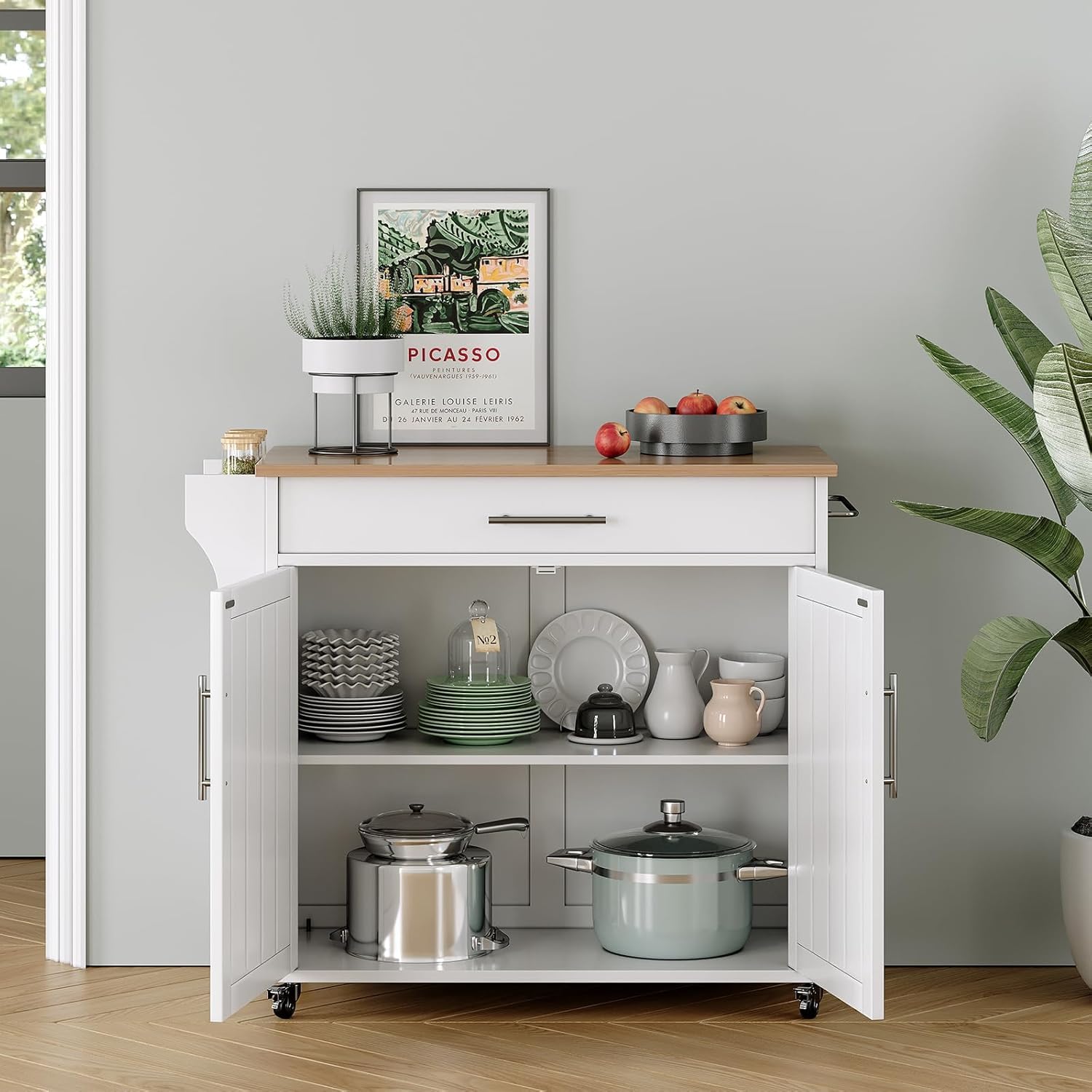 Wooden Rolling Kitchen Island Cart with Countertop - Mobile Kitchen Storage on Wheels, Includes Towel Rack, Spice Rack & Drawers - White | Perfect for Small Kitchens, Apartments & Food Prep Stations