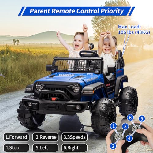 GARVEE 24V Electric Ride On Truck for Kids - 2 Seater Remote Control Car with LED Lights, Music & Horn | Large Storage Space & Cup Holder | Toddler Toy Vehicle for Ages 3-8 (Blue) | Perfect for Outdoor Play, Birthday Gifts & Family Fun