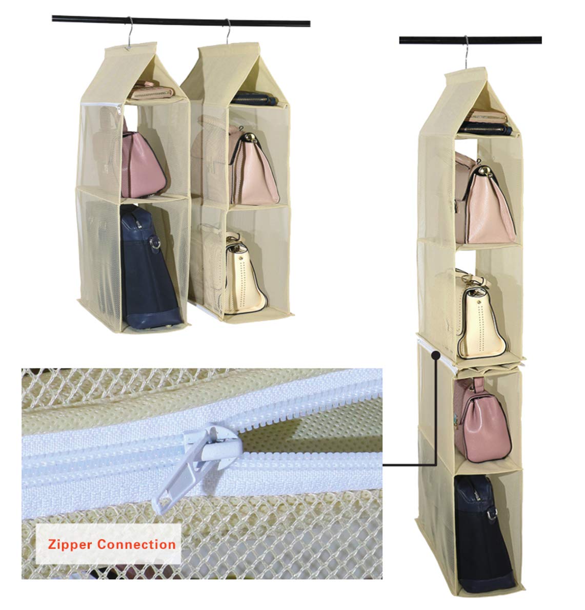 Detachable 4 Compartment Hanging Organizer Pouch - Clear Handbag & Purse Storage Holder for Wardrobe, Closet - Space Saving Organizer System for Bedroom, Living Room & Home Use (Beige) | Perfect for Travel, Office & Daily Organization