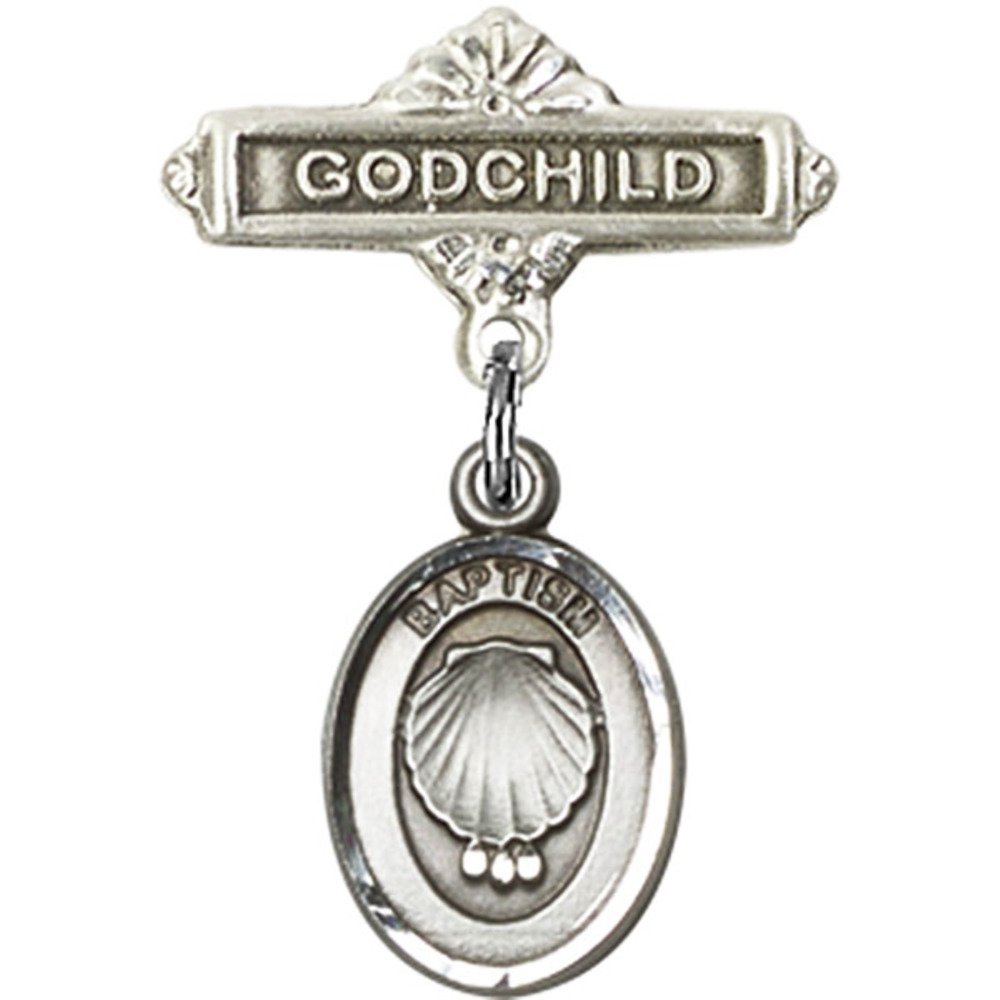 1 X 5/8 Inches Sterling Silver Baby Badge with Baptism Charm - Godchild Gift Pin for Christening, Baptism & Special Occasions
