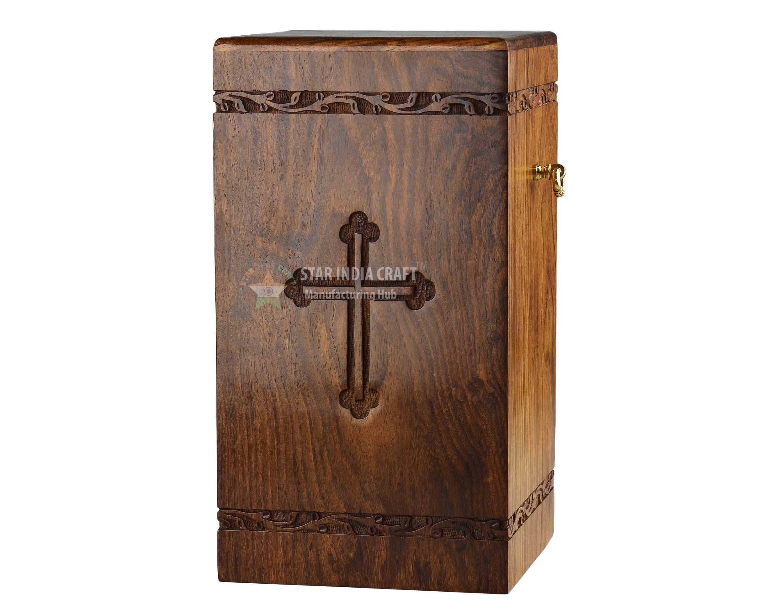 Handmade Rosewood Cremation Urn for Human Ashes - Peaceful Dove Design Wooden Funeral Urn with Catholic Cross - Pet Memorial Urn for Dogs - 7.5