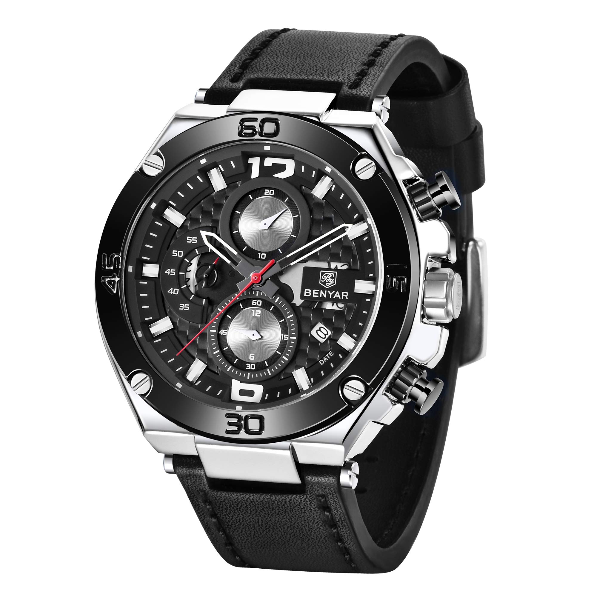 BENYAR Men's Chronograph Waterproof Sports Watch with Leather Strap - Date Display Business Casual Wristwatch for Office, Outdoor & Daily Wear