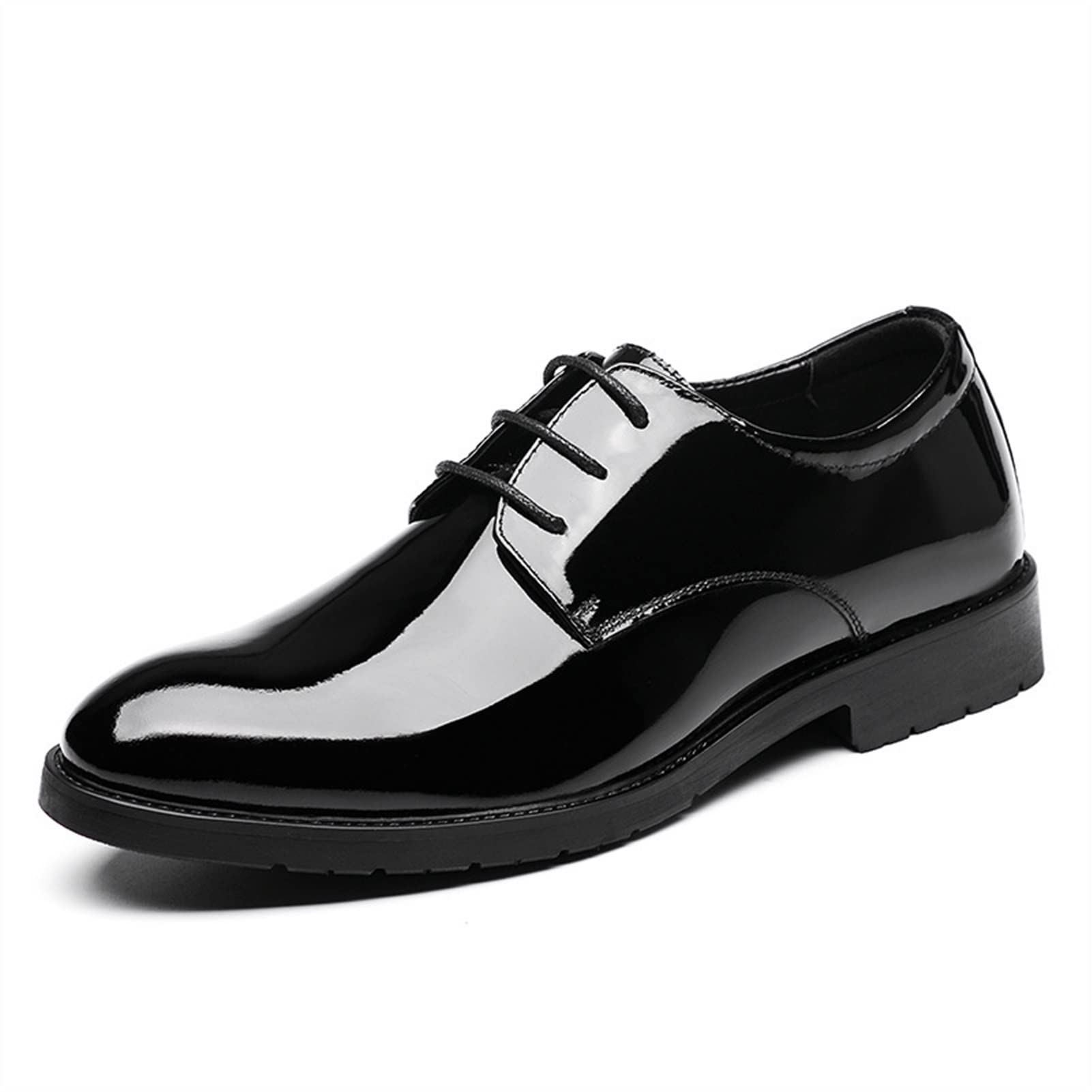 Men's Leather Dress Shoes - Oxford Lace-Up Derby Shoes with Round Toe, Patent Leather & Slip-Resistant Rubber Sole for Wedding & Formal Occasions | Comfortable Block Heel Business & Party Shoes