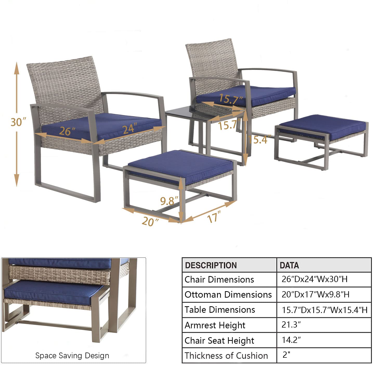 5-Piece All-Weather PE Wicker Patio Furniture Set with Cushioned Chairs, Ottoman & Coffee Table - Outdoor Conversation Set for Balcony, Porch, Backyard (Blue) | Durable & Stylish for Garden Relaxation, Entertaining Guests & Summer Lounging