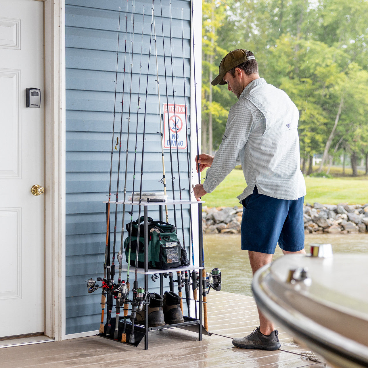 Heavy Duty Tarpin Fishing Rod Holder Stand - Holds Up to 10 Fishing Rods for Secure Storage | Perfect for Boat, Dock, Garage, and Outdoor Fishing Gear Organization
