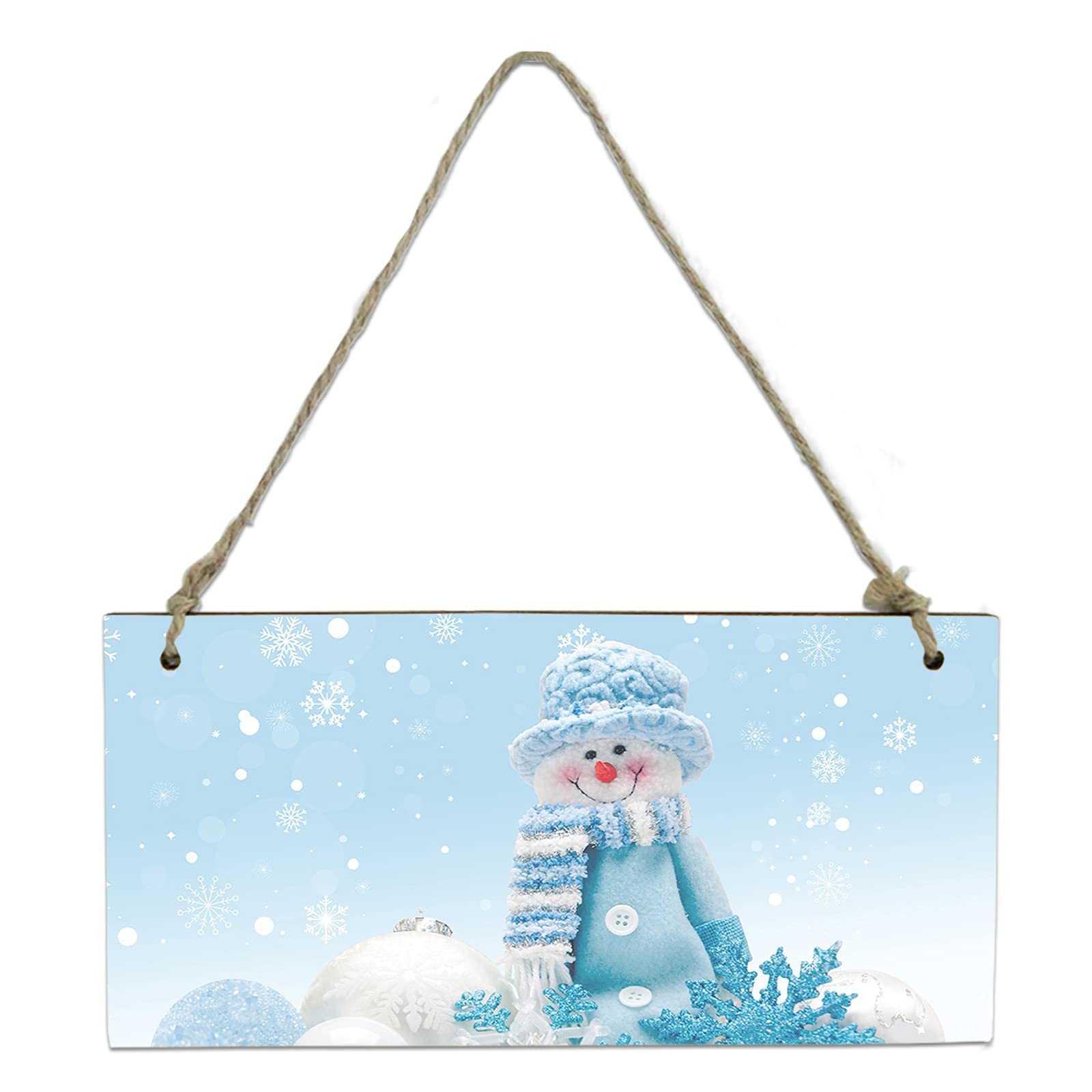 ARTtikke Merry Christmas Hanging Wood Sign - Cute Blue Snowman Welcome Plaque with White Snowflakes, 8x4 Inch Rustic Wooden Wall Decor for Front Door, Porch, Living Room & Outdoor Holiday Decoration