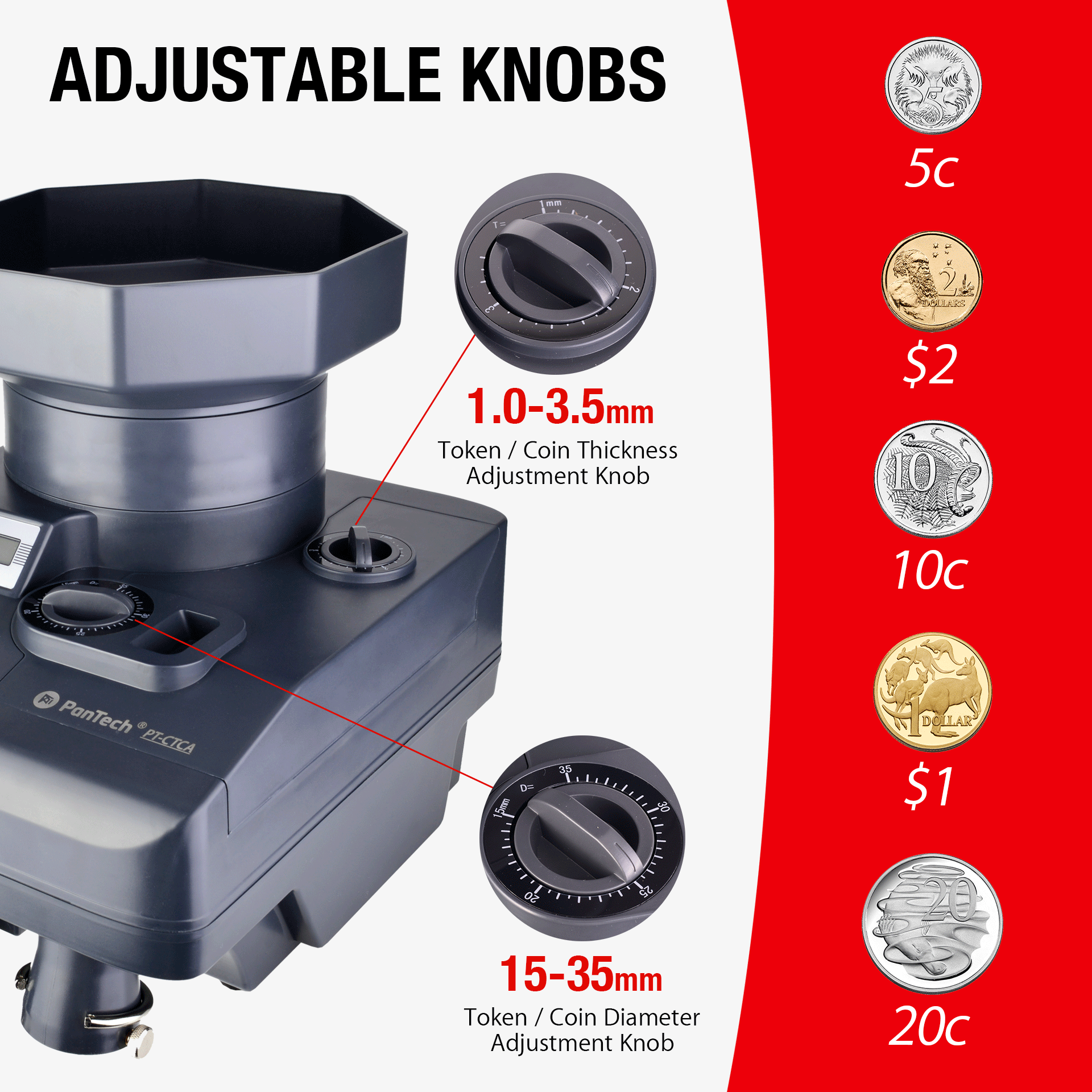 PanTech High Speed Coin Counter Machine - 2300 Coins/Min, Handles 1.0-3.5mm Thickness & 15-35mm Diameter - Perfect for Banks, Retail Stores, and Arcades