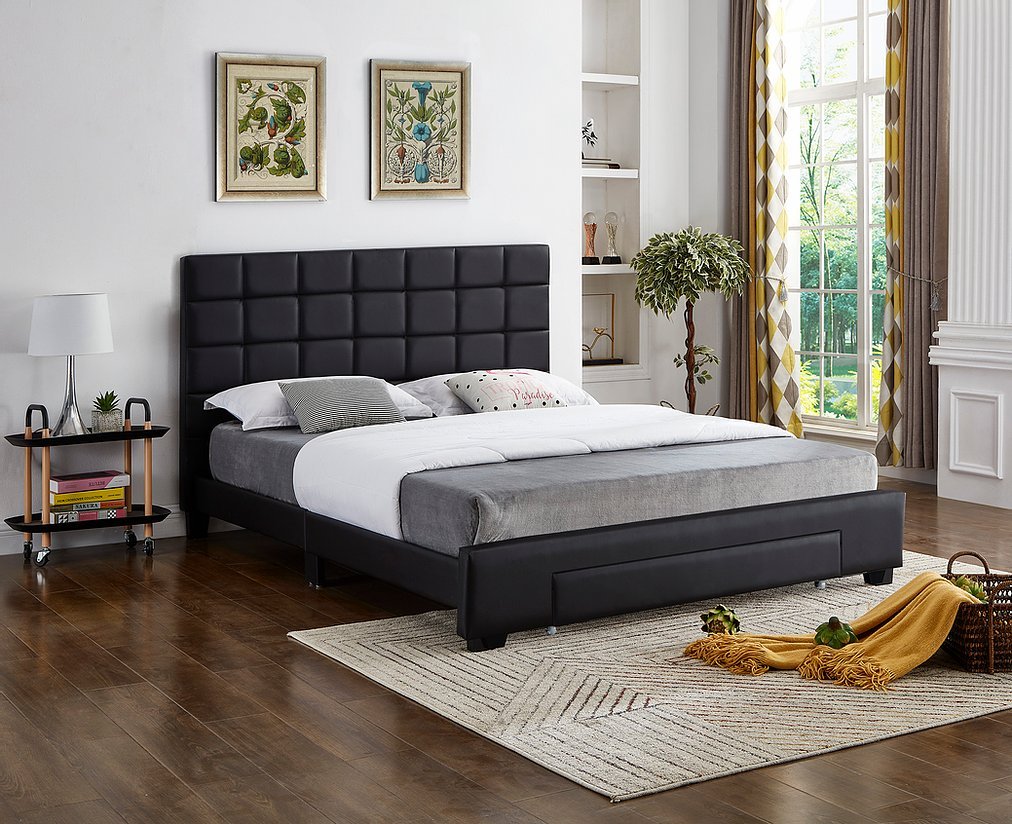 Black Leatherette Platform Bed with Square Pattern Tufted Headboard & Storage Drawers - Modern Upholstered Bed Frame for Small Spaces, Guest Rooms & Apartment Bedrooms