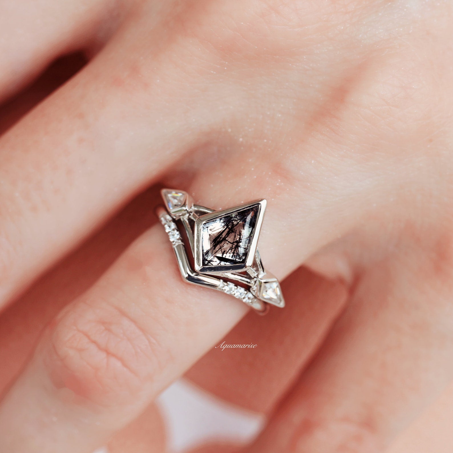 Celtic Kite Black Rutilated Quartz Ring Set - 925 Sterling Silver Jewelry for Women, Handmade Boho Wedding Band, Unique Spiritual Gift for Her | Perfect for Celtic Weddings, Pagan Ceremonies & Everyday Wear