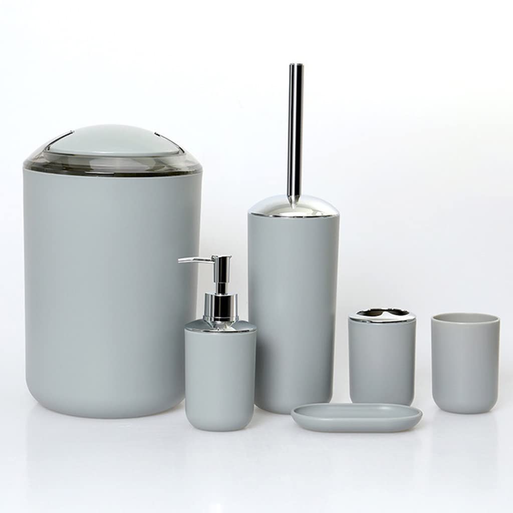 6-Piece Bathroom Accessories Set - Toothbrush Holder, Soap Dispenser, Cup, Toilet Brush, Trash Can & Plastic Tumbler - Modern Gray Bathroom Organizer for Home, Apartment & Guest Bath Decor