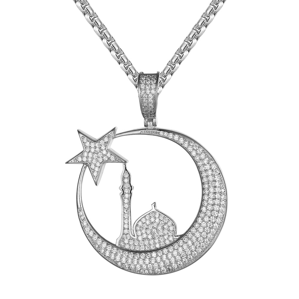 Religious Crescent Moon Mosque Star Muslim White Tone Pendant Necklace - Islamic Jewelry for Women & Men - Perfect for Eid, Ramadan & Daily Wear