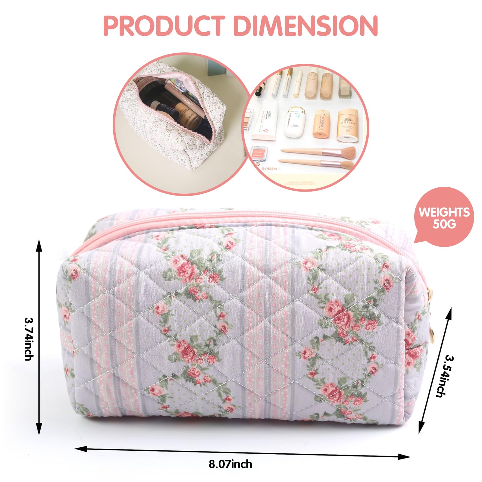 Floral Makeup Bag - Cute Quilted Cosmetic Pouch with Zipper for Travel, Skincare & Daily Use | Waterproof Toiletry Organizer | Perfect for Gym, Vacation & Gift (Blossom Blush Pink)