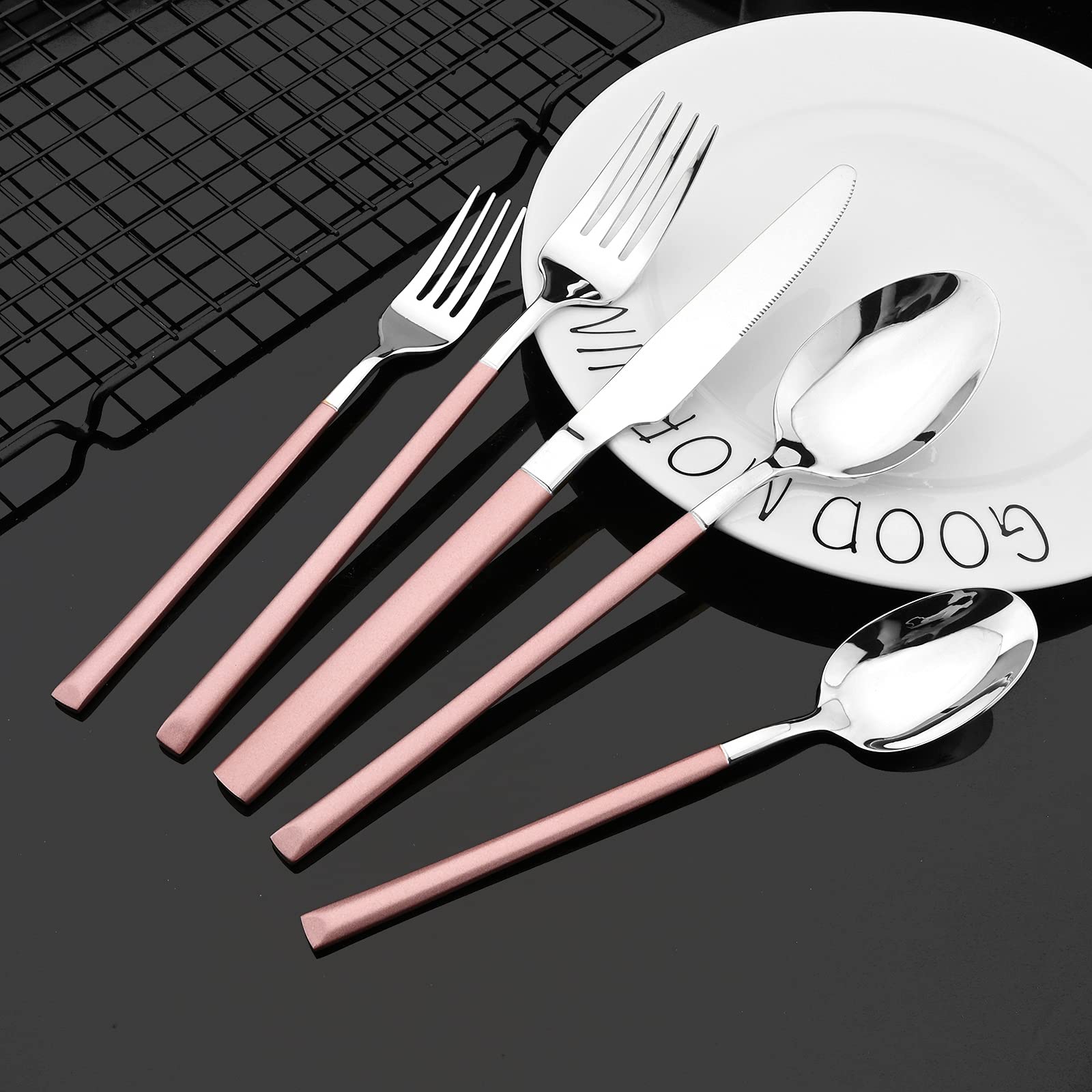 JASHII 20-Piece Stainless Steel Flatware Set - 18/10 Silverware Service for 4 with Dinner Forks, Spoons & Knives - Square Edge Mirror Polished Cutlery Set (Dishwasher Safe, Pink Silver) - Perfect for Dining, Wedding Gifts & Home Kitchen Essentials
