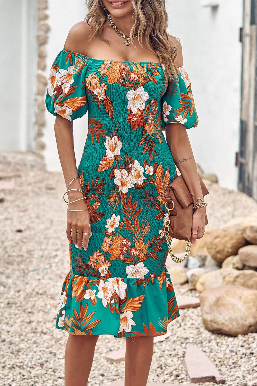 PRETTYGARDEN Floral Bodycon Midi Dress 2025 - Puff Sleeve Mermaid Cocktail Dress for Women | Perfect for Baby Shower, Maternity Photoshoot & Summer Parties | Elegant A-Line Dress for Special Occasions