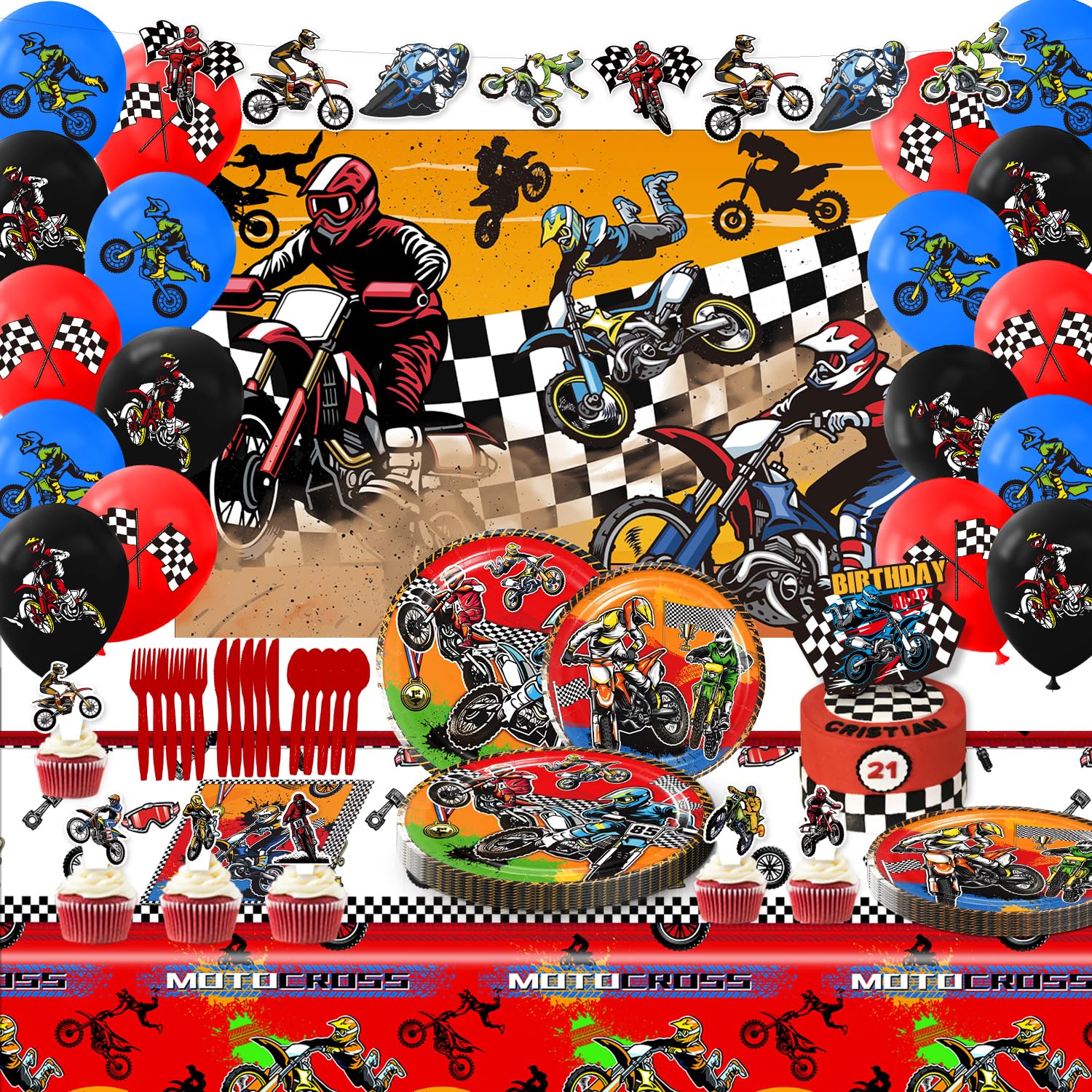 Dirt Bike Party Decorations Set - Motorcycle Birthday Party Supplies for Boys with Banner, Backdrop, Tablecloth, Balloons, Cake Toppers & Cupcake Toppers (7