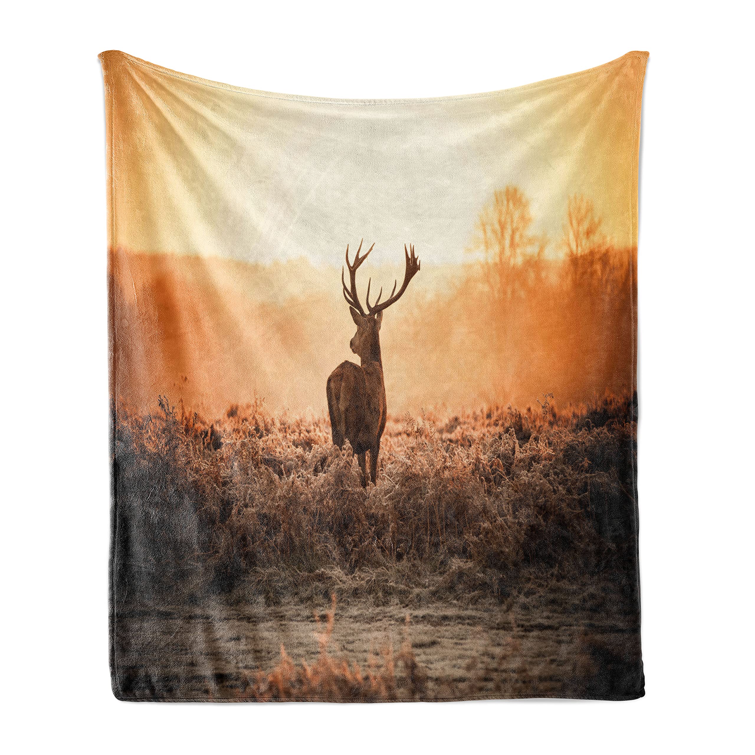 Ambesonne Hunting Throw Blanket - Red Deer in Morning Sun Wilderness Nature Scenery, Soft Flannel Fleece Blanket for Couch, Bed & Sofa (60x80 Inches, Brown Orange) - Perfect for Cabin, Lodge & Outdoor Adventures