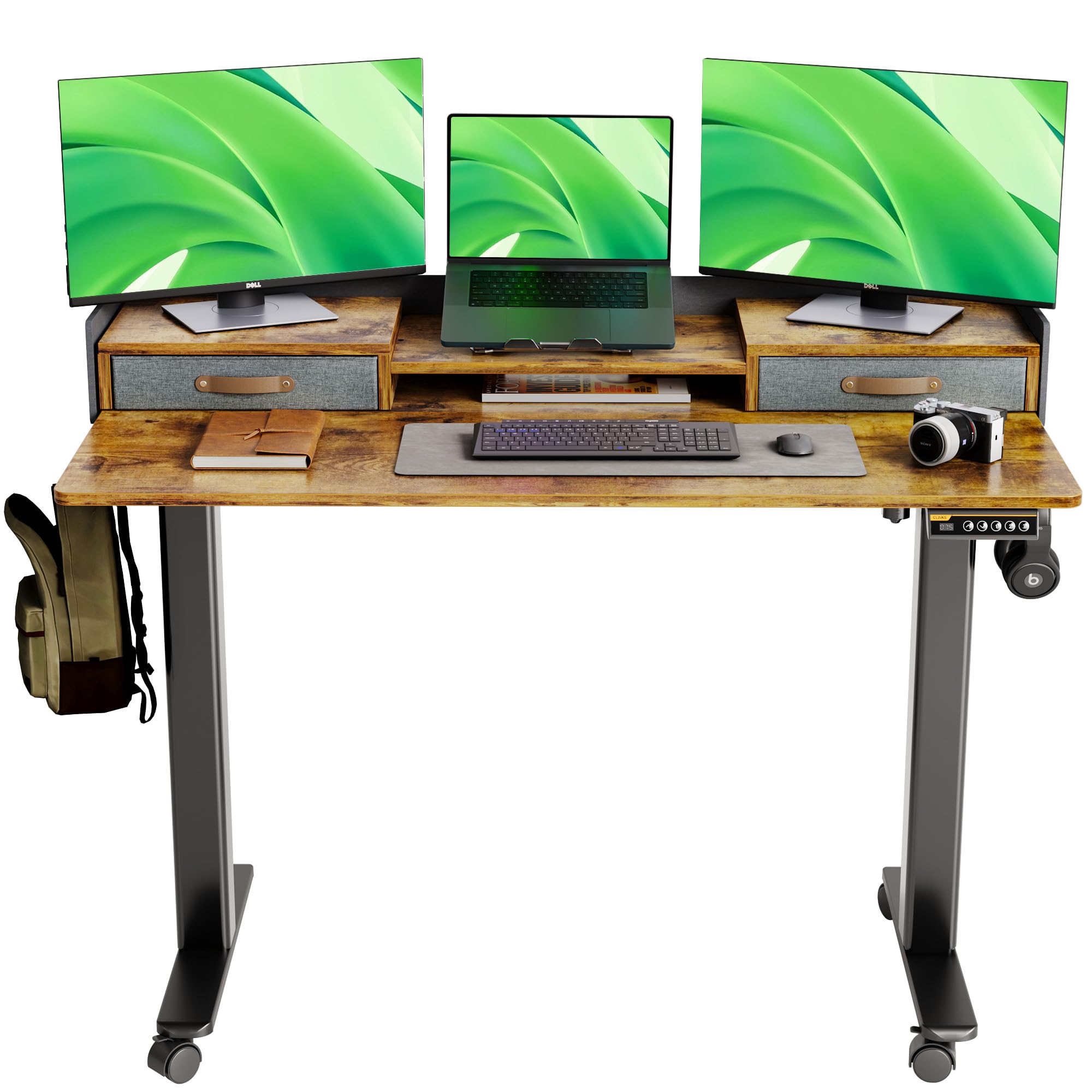 Claiks 48 Inch Electric Standing Desk with Drawers - Adjustable Height Computer Desk with Storage Shelf & Splice Board, Rustic Brown - Perfect for Home Office, Gaming Setup & Workspace Ergonomics