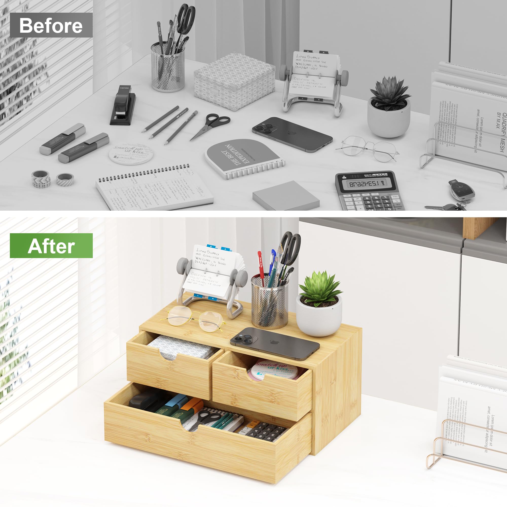 Bamboo Desk Organizer with Drawers - Small Desktop Storage Container for Home Office, Countertop & Tabletop Organization - No Assembly Required - Perfect for Pens, Paper Clips, Sticky Notes & Office Supplies