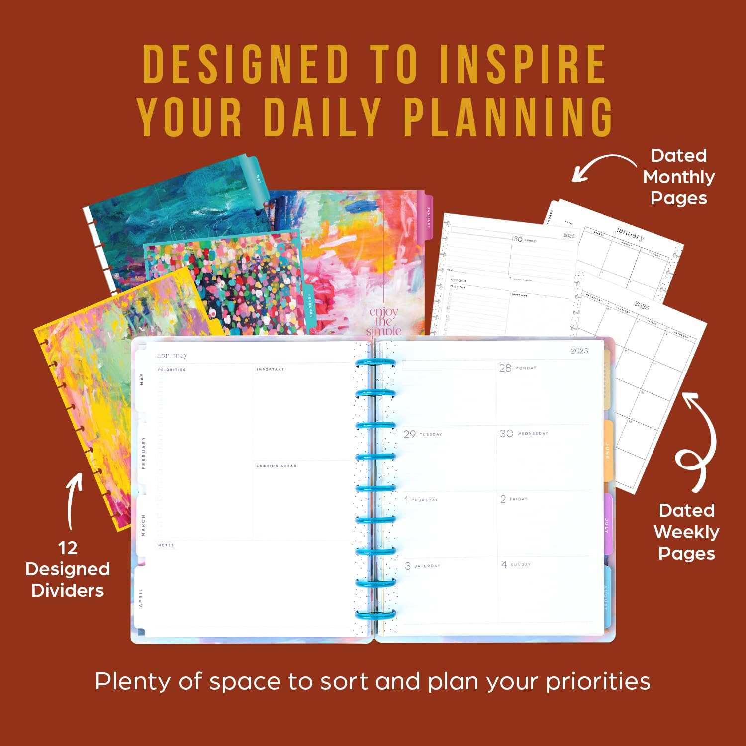 Happy Planner Disc-Bound 12-Month Planner 2025 - Daily Weekly Monthly Organizer, Classic Size 7
