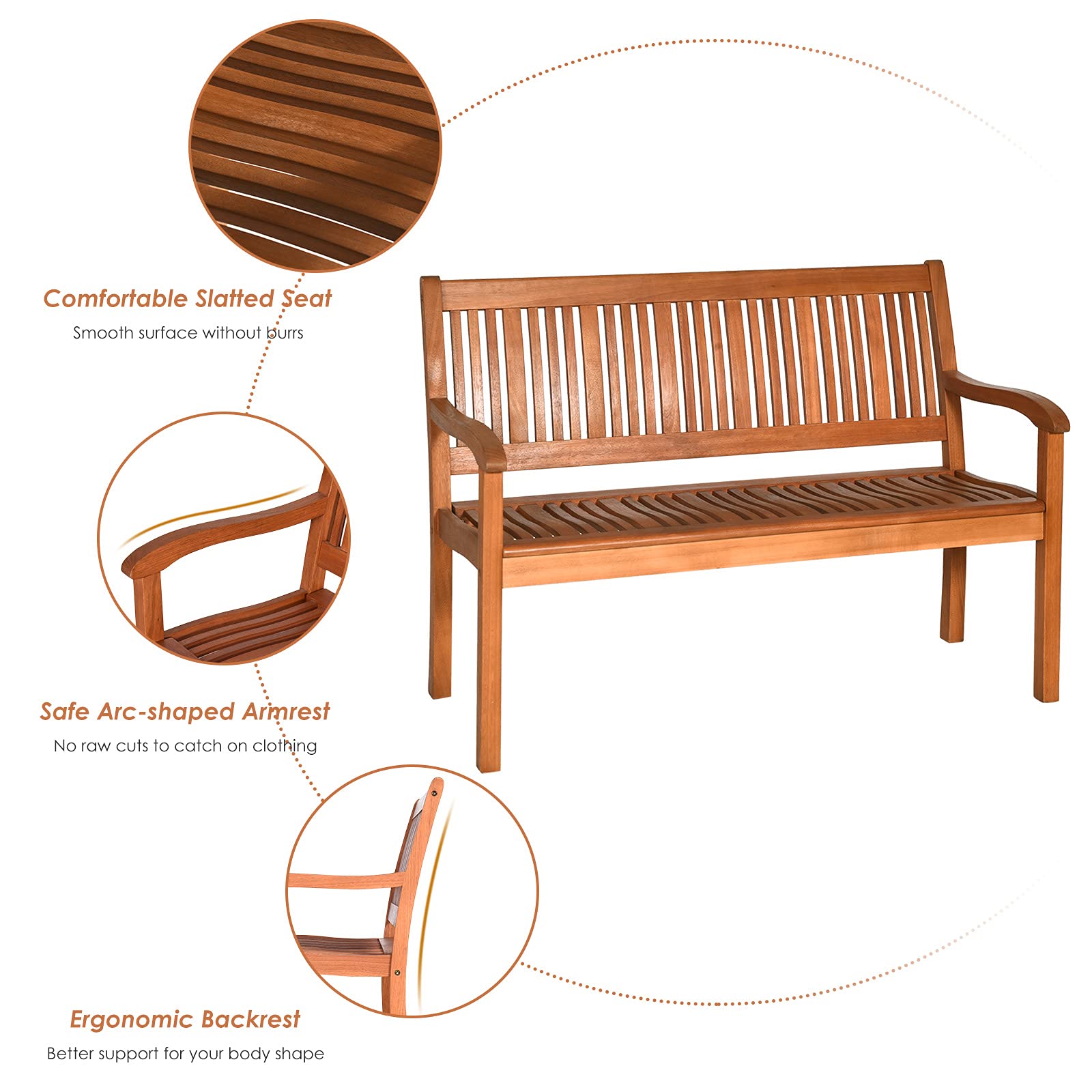 4FT Eucalyptus Wood Outdoor Bench - Teak Finish Patio Loveseat with Armrest & Backrest, Weather-Resistant Slatted Seating for Garden, Deck, Balcony or Poolside Relaxation