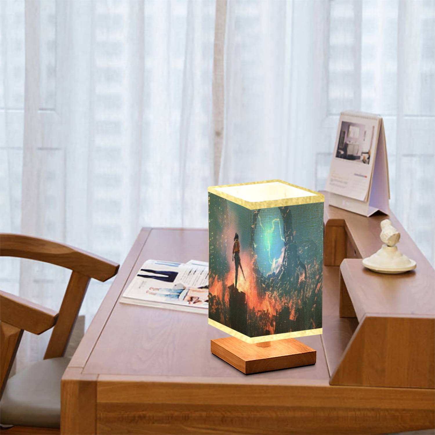 Modern Dimmable Square Bedside Table Lamp - Wooden Base with Flaxen Fabric Shade, Art Style Inspired by Girl Looking at Destroyed Portal in Ruin City - Perfect Nightstand Lamp for Bedroom, Living Room, Office | Creates Cozy Ambiance for Reading, Relaxing & Decor