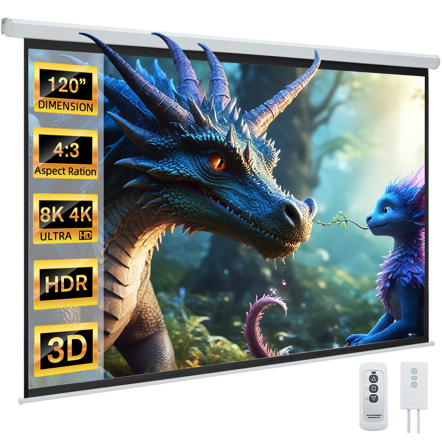 120 Inch Motorized Projector Screen - 4:3 HD Retractable Electric Projection Screen for 4K/3D Movies - Wall Mount & Ceiling Installation with Remote Control - Perfect for Indoor & Outdoor Home Theater, Classroom Presentations, and Backyard Movie Nights