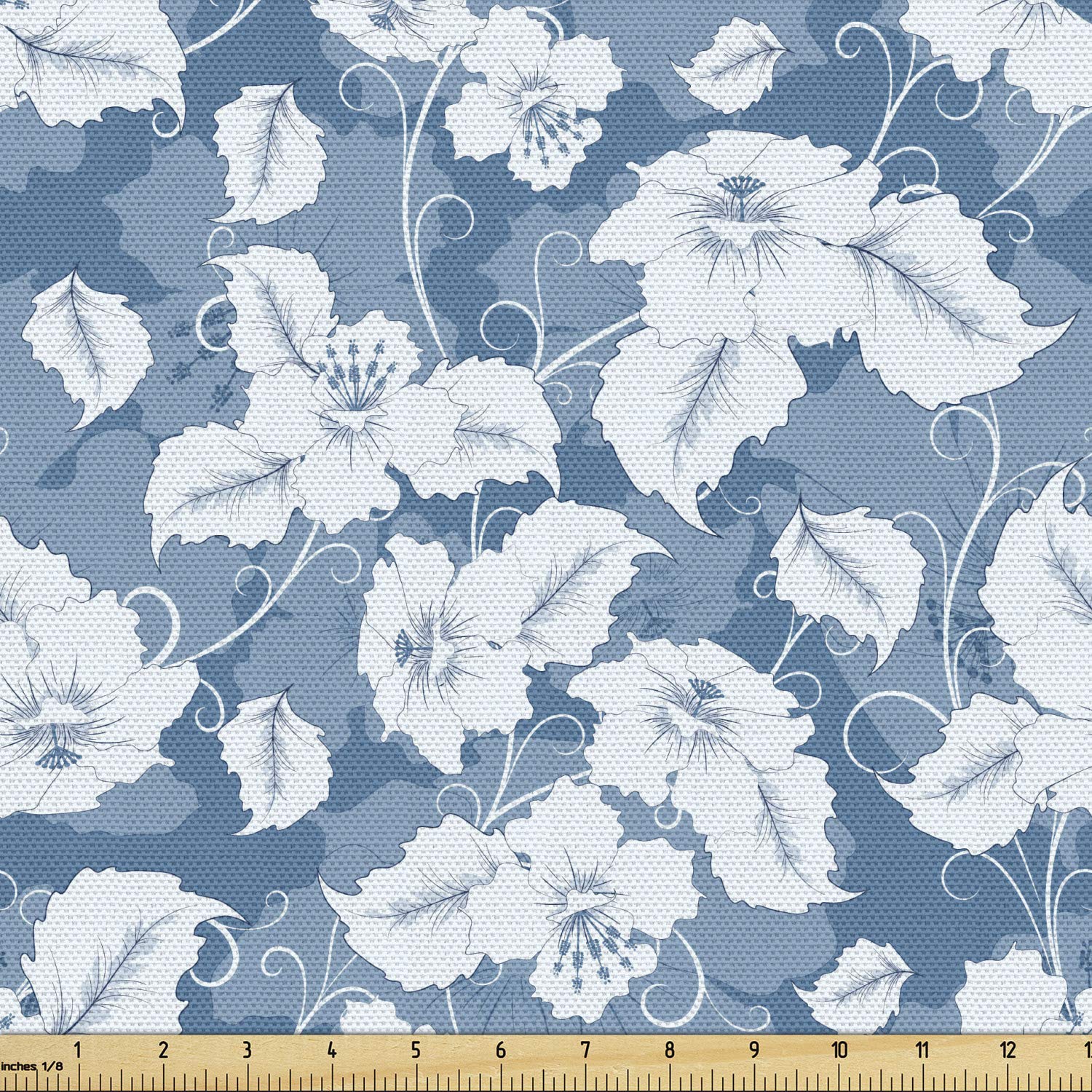 Ambesonne Floral Fabric by The Yard - Slate Blue & White Retro Blossom Print, 10 Yards for Upholstery, Curtains & DIY Home Decor | Vintage Floral Petals & Swirling Branches Design | Perfect for Sofa Covers, Pillows & Craft Projects