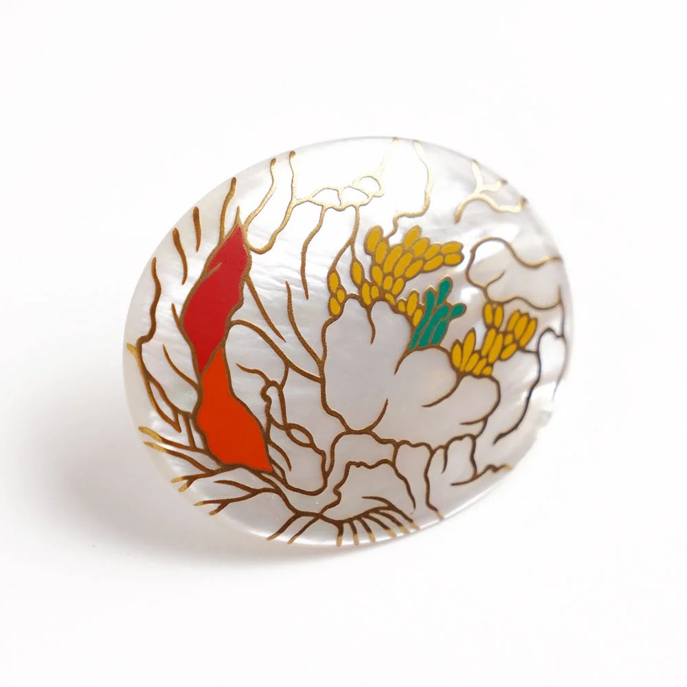 Exquisite Maki-e Urushi Lacquer Brooch with White South Sea Pearl Shell & Peony Design | Traditional Japanese Lacquer Jewelry | Perfect for Kimono Accessories, Formal Occasions & Gift Giving
