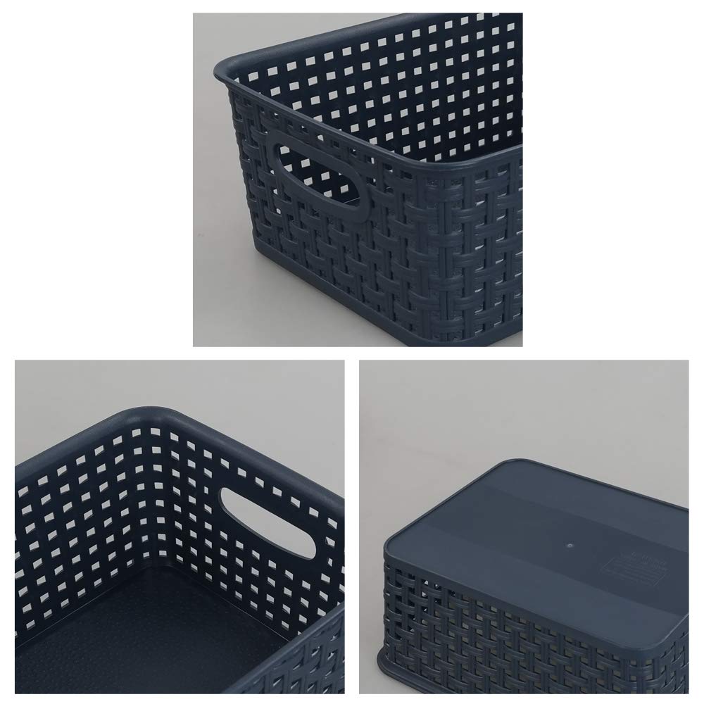 Sandmovie Plastic Weave Storage Baskets - 6 Pack Navy Blue Organizer Bins for Kitchen, Bathroom, Closet & Office - Space Saving Home Organization Solution