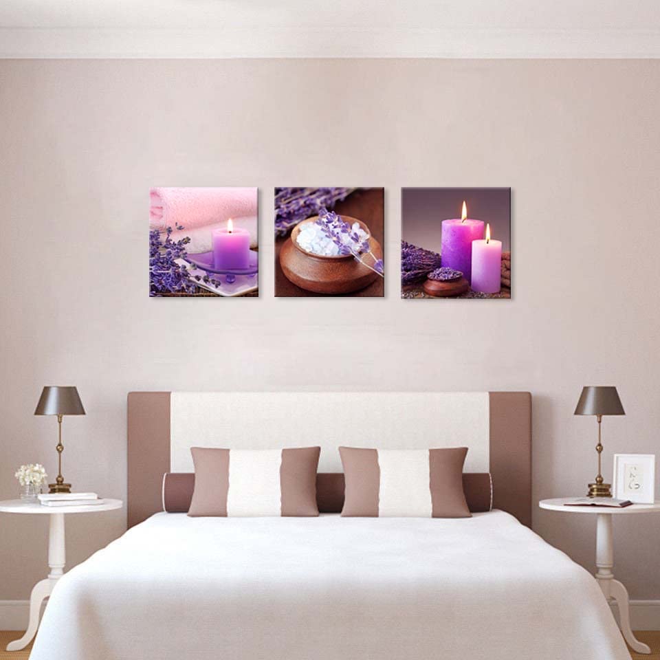 Purple Aromatherapy Candles & Zen Stone Lavender Flower Canvas Wall Art - 3 Piece 20x20 Inch Ready to Hang Bathroom Decor for Spa Relaxation, Meditation & Home Wellness Retreat