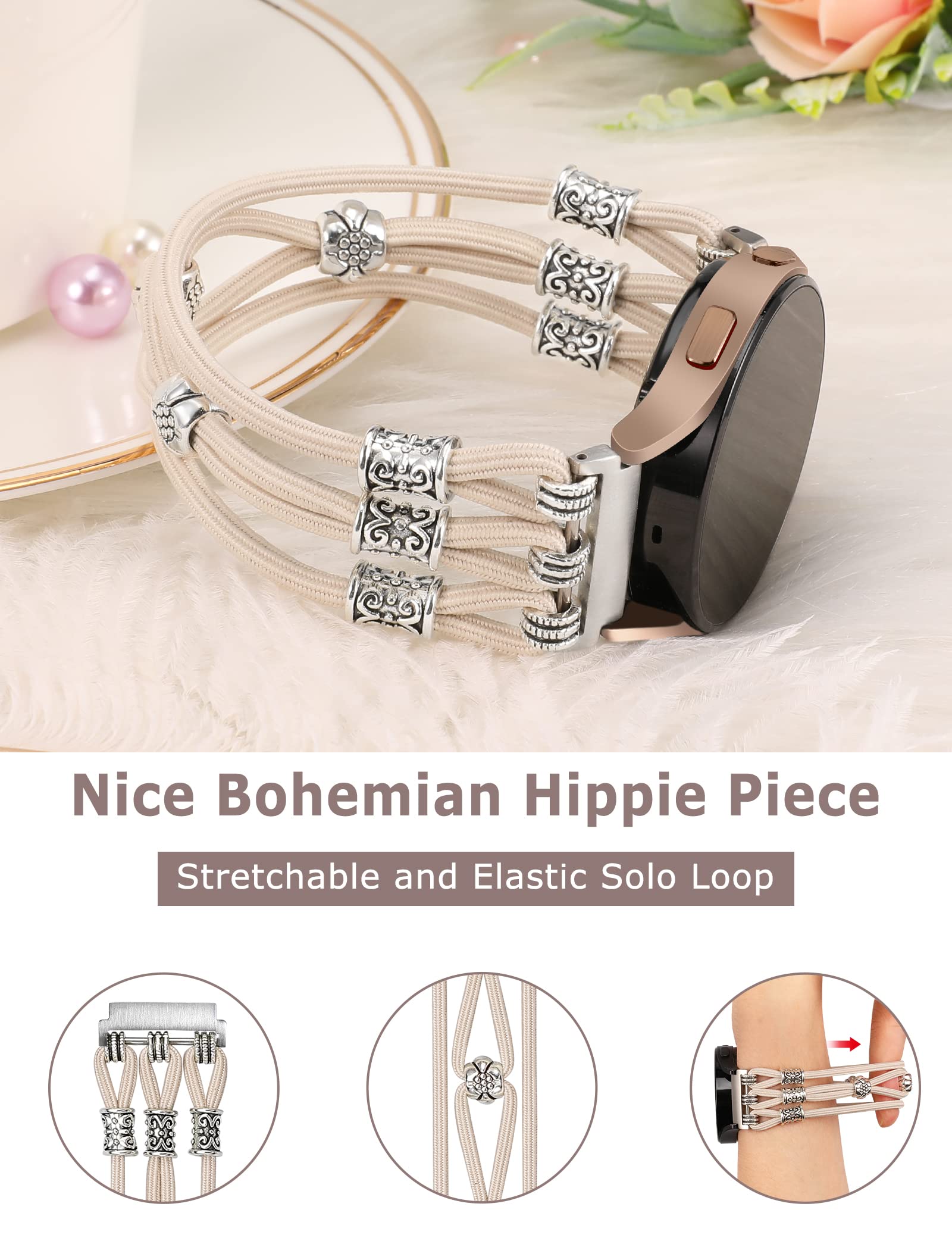 Elastic Beaded Boho Strap for Samsung Galaxy Watch 7/6/5/4/Active 2 - 20mm Stylish Solo Loop Watch Band for Women (Starlight) - Perfect for Workouts, Yoga & Everyday Fashion Accessory