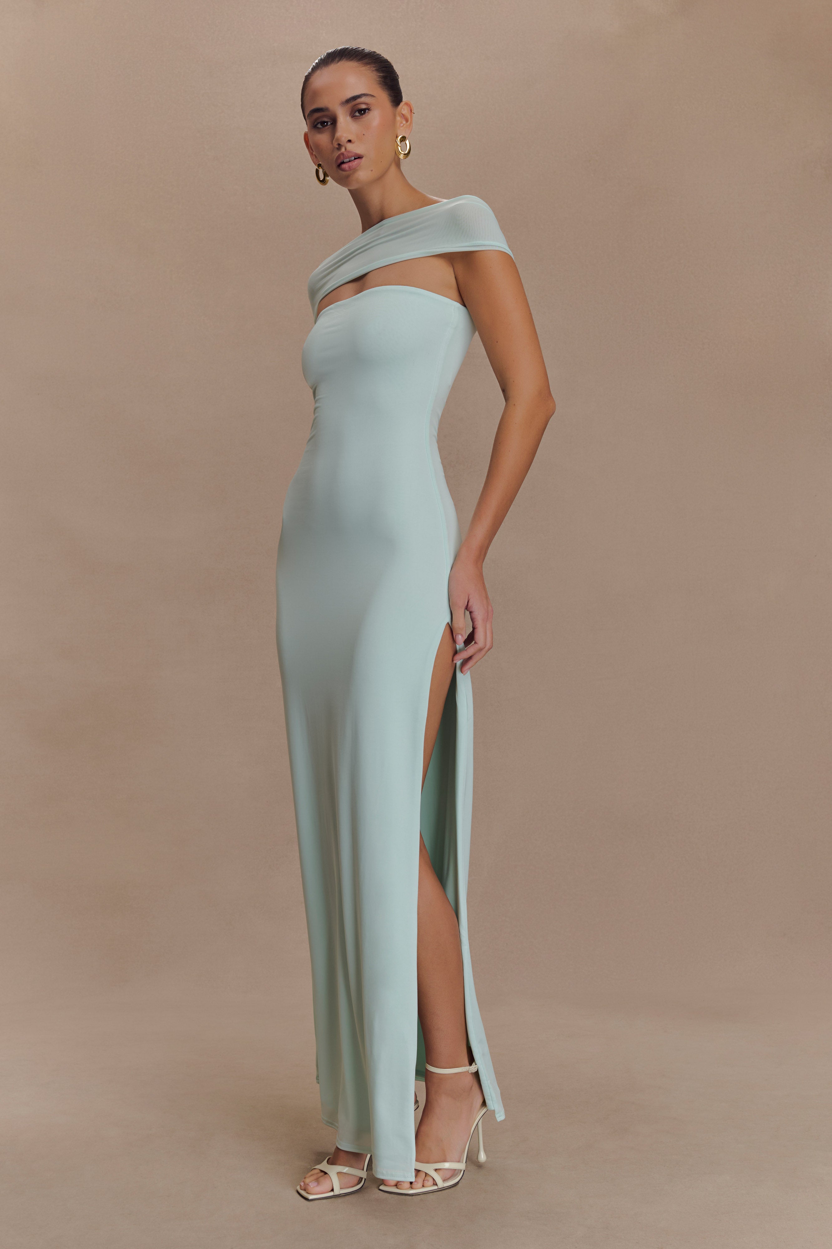 Aurora Slinky & Mesh Split Maxi Dress - Elegant Flowy Beach Cover Up, Party & Evening Wear - Lagoon Blue Summer Dress for Women