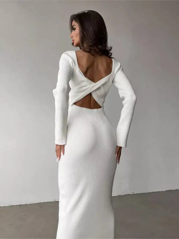 Elegant White Ribbed Fabric Dress - Long Sleeve O-Neck Hollow High Waist Slim Fit Crop Top with Knee Length Skirt | Perfect for Fall Fashion, Date Nights & Office Wear