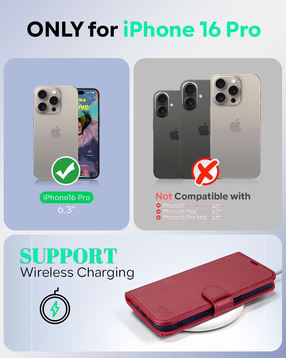 OCASE iPhone 16 Pro Wallet Case (6.3 Inch 2024) - PU Leather Flip Folio Cover with Card Slots, RFID Blocking & Kickstand | Shockproof TPU Inner Shell | Perfect for Business Travel & Daily Use (Red)