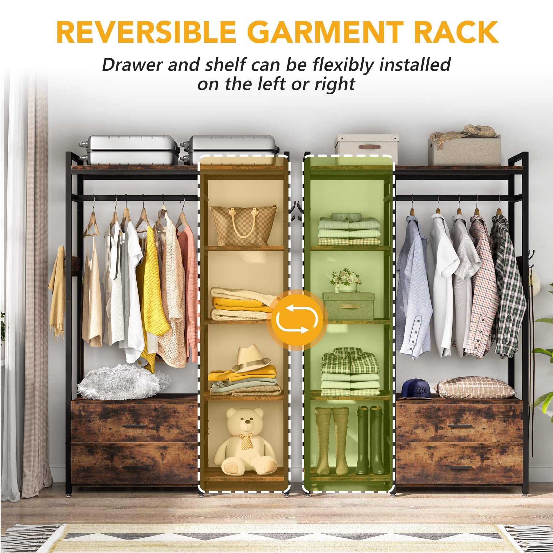 Tribesigns Freestanding Closet Organizer - Heavy Duty Garment Rack with Drawers & Shelves, Rustic Brown Wardrobe Storage for Bedroom, Living Room & Dorm - Perfect for Hanging Clothes, Organizing Accessories & Maximizing Small Spaces