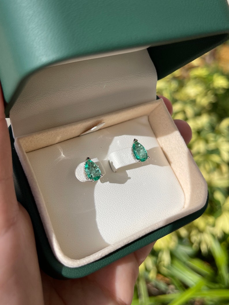 2.10tcw 14K Gold Emerald Stud Earrings - 3 Prong Teardrop Solitaire Earrings for Women, Classic Traditional Dangle Earrings for Wedding, Party & Everyday Wear