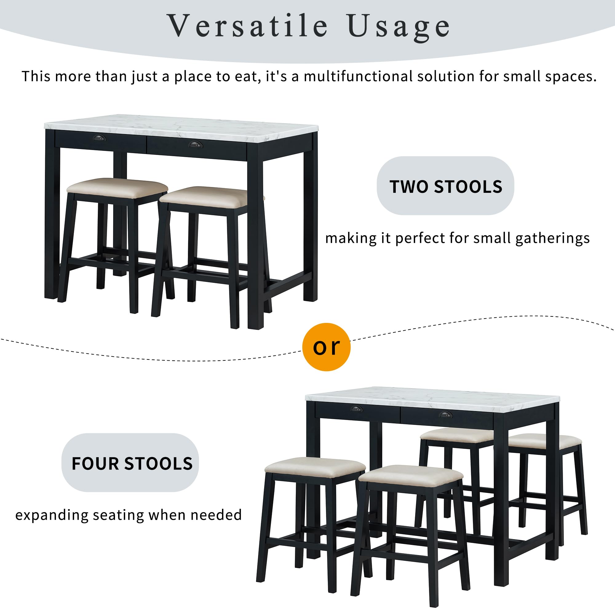 P PURLOVE 5-Piece Dining Table Set with Storage Drawers, Faux Marble Kitchen Island & 4 Padded Stools - Space-Saving Breakfast Nook Set for Small Kitchens, Apartments & Dining Areas
