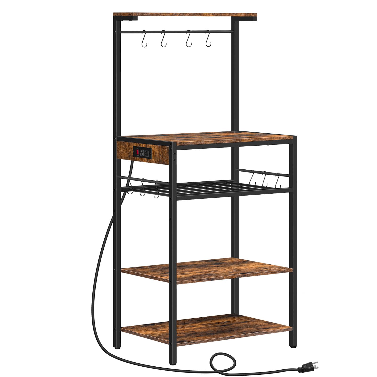 HOOBRO 5-Tier Kitchen Bakers Rack with Power Outlet - Adjustable Coffee Bar & Wine Rack, Microwave Stand with 10 S-Hooks - Rustic Brown Storage Shelf for Kitchen, Dining Room, or Coffee Station - Model BF60UHB01