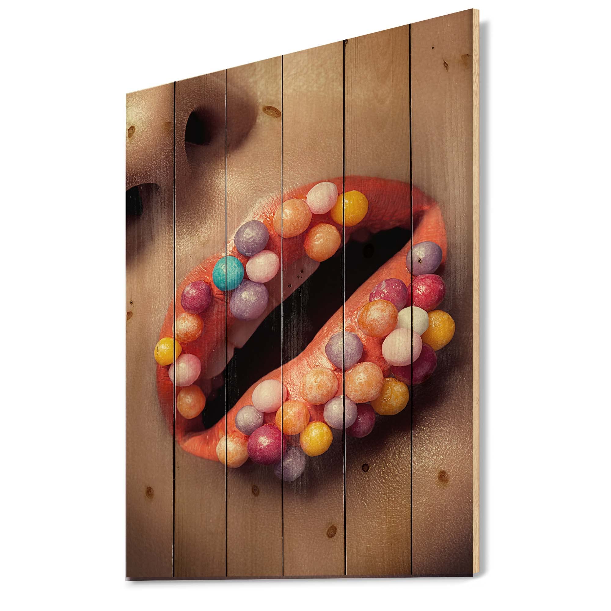 DesignQ Creative Lip Makeup with Lollipops Wood Wall Art - Modern & Contemporary Multi-Color Large People Wall Decor Printed on Natural Pine Wood - Perfect for Living Room, Bedroom, or Office Decoration