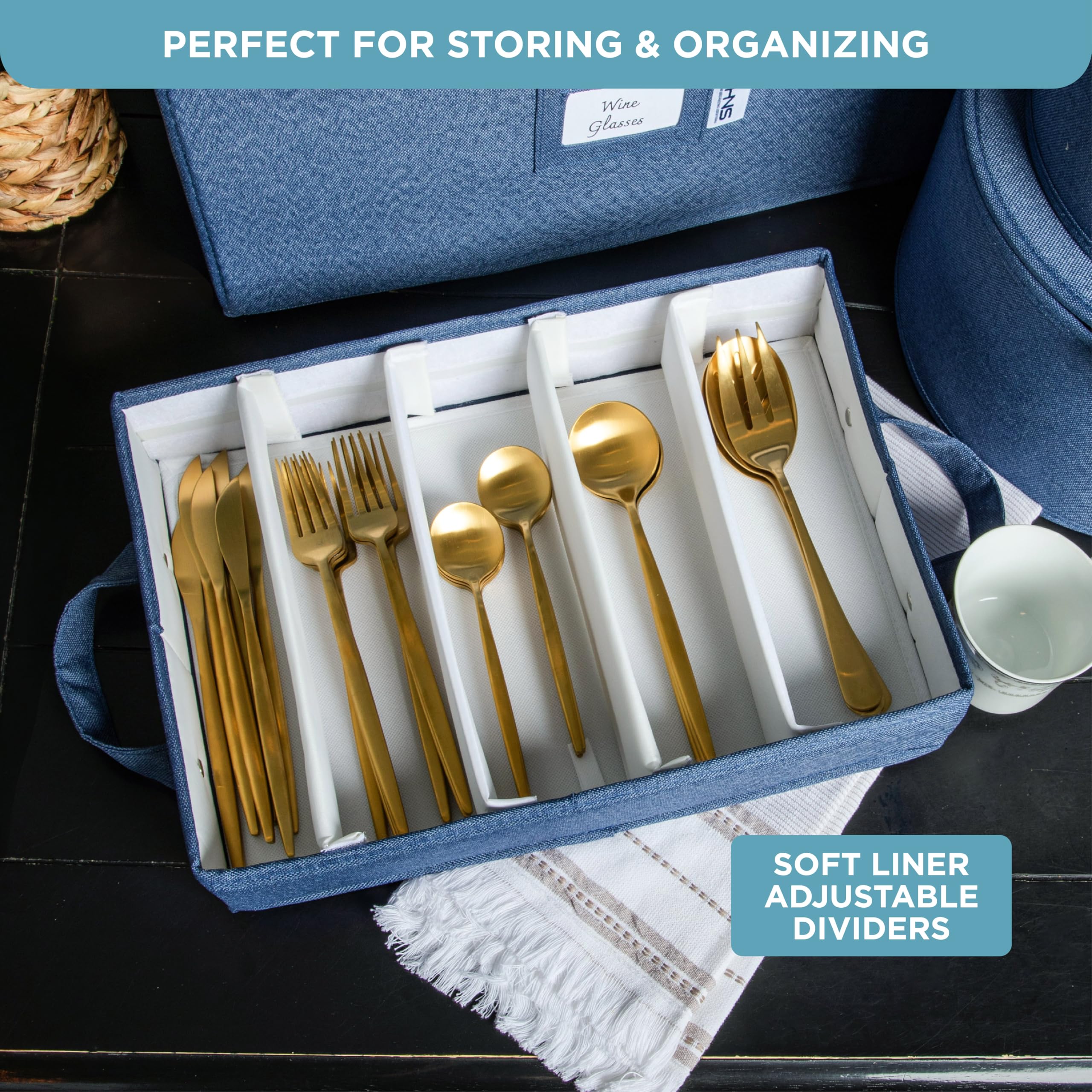 8-Piece Hard Shell Storage Container Set - Durable Moving Boxes for Dinnerware, Glasses, Plates & Mugs with Dividers | Dish Organizer for Seasonal Storage (Serves 12) | Denim Blue | Perfect for Kitchen Organization, Moving Homes & Holiday Dish Storage