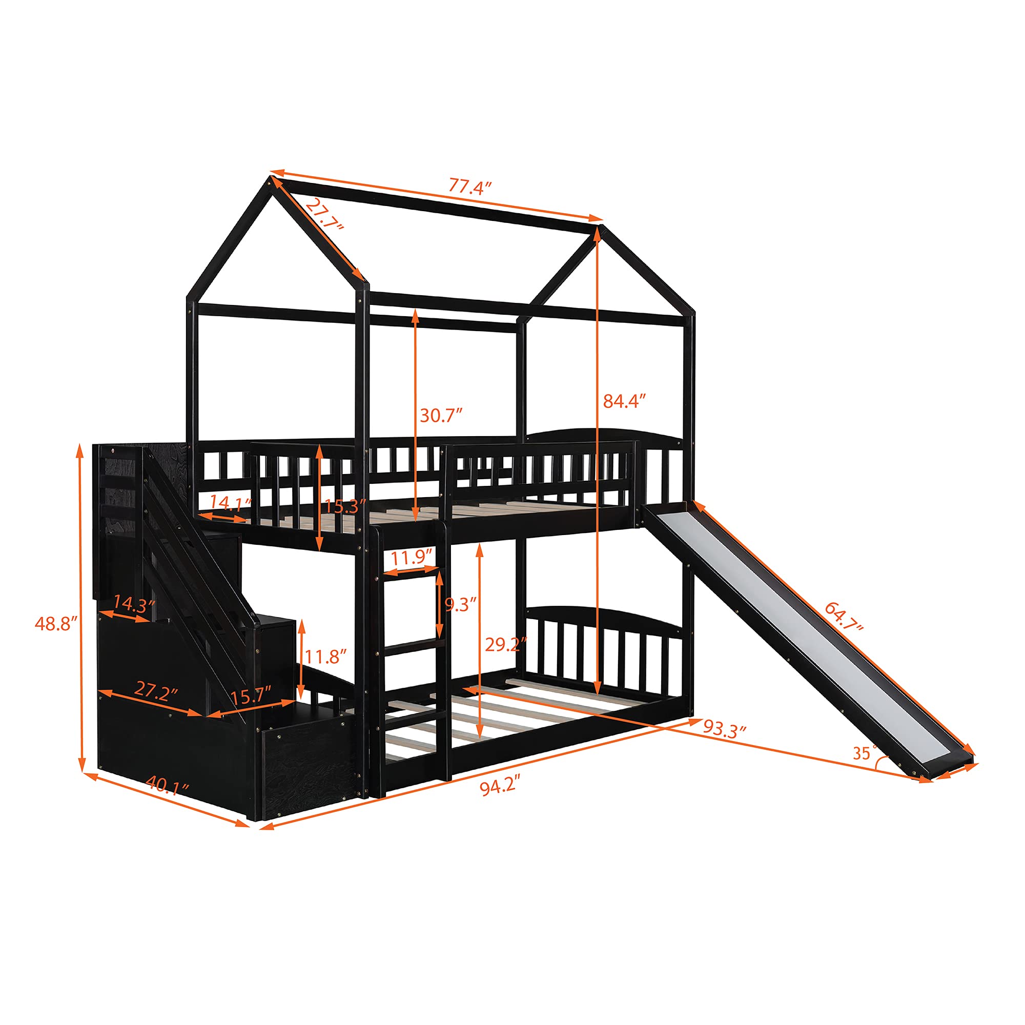 Twin Over Twin Wooden House Bunk Bed with Slide, 2 Drawers, Roof & Guardrails - Kids/Teens Bedroom Furniture, No Box Spring Needed (Espresso) - Perfect for Space-Saving Kids Rooms, Sleepovers & Play Areas